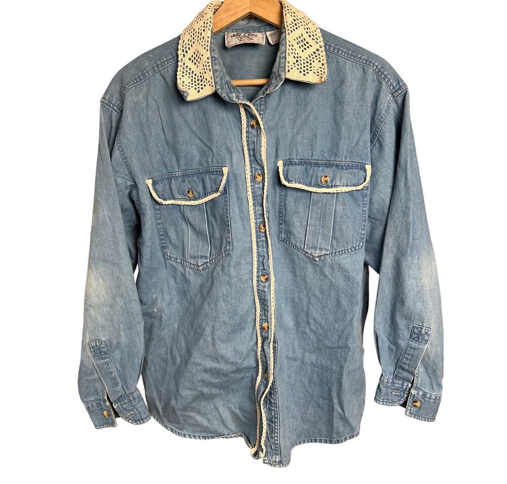 Vintage Just Class Size Medium Crochet Neck Denim Button Up Shirt *Minor Stain